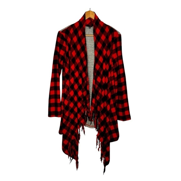 Chloah Buffalo Plaid Roll Tab Sleeve Open Front Fringe Cardigan. Size Small. - Picture 1 of 13